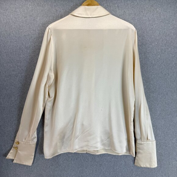 St. John Ivory Silk Button-Up Blouse Size 14 Long Sleeves Gold Buttons FLAWED - Picture 9 of 16